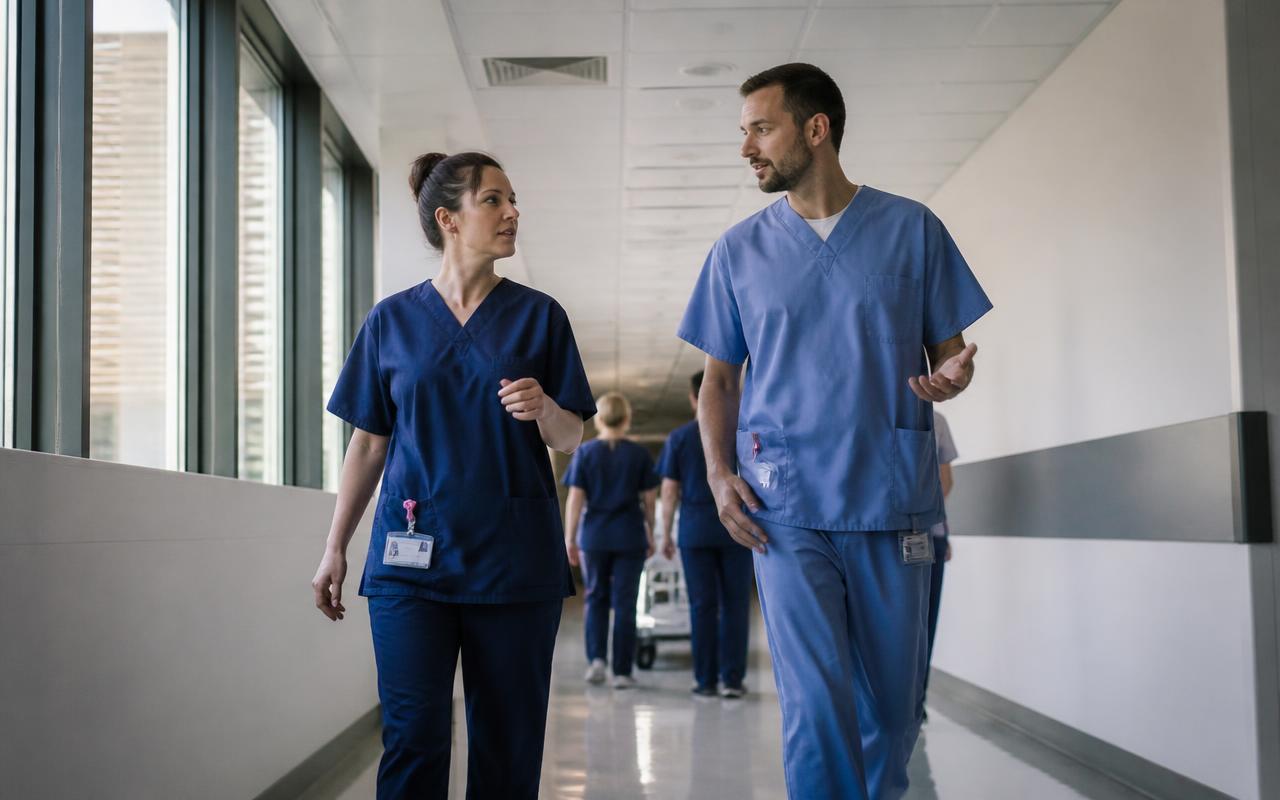 Two NHS clinicians in scrubs talking as they walk through a bright hospital corridor
