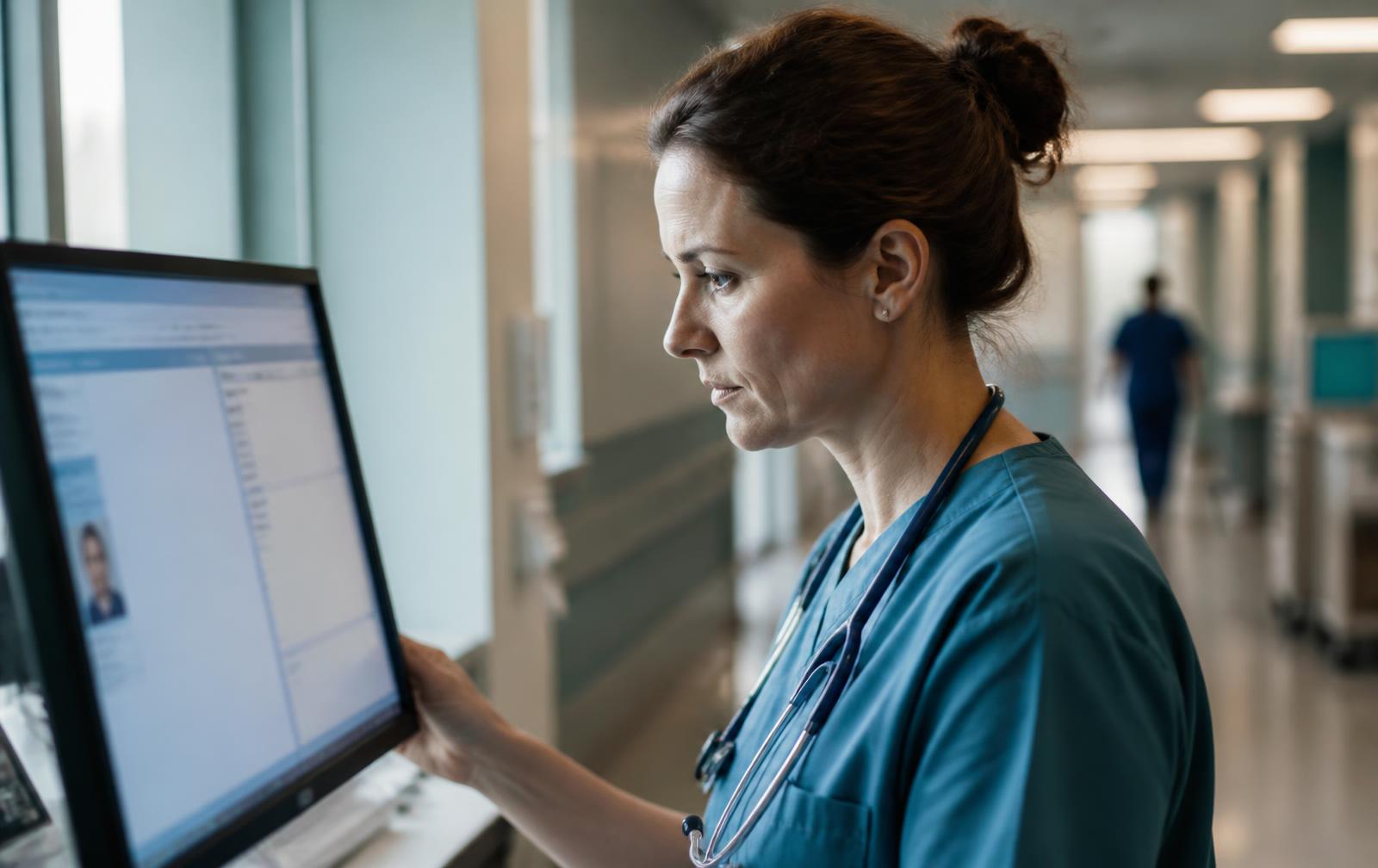 Clinician reviewing an electronic patient record on a screen in a hospital corridor